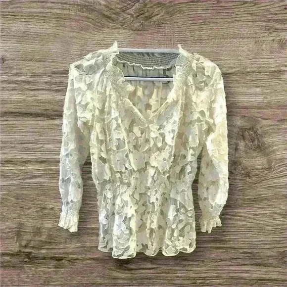 Lace Boho Ivory Floral Women’s Long Sleeve Top Ruffle Neckline Elasticized Waist - Picture 1 of 9